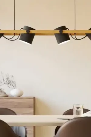 Lampadario a sospensione di legno con faretti neri per cucina sala da pranzo eglo hornwood Prezzo Di Fabbrica