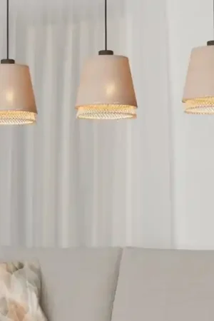 Lampadario con lampade di tessuto lino e legno a sospensione per sala da pranzo eglo tabley Promozione Esclusiva