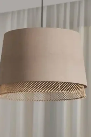 Lampada a sospensione paralume in lino inserti in legno eglo tabley Nuova Collezione