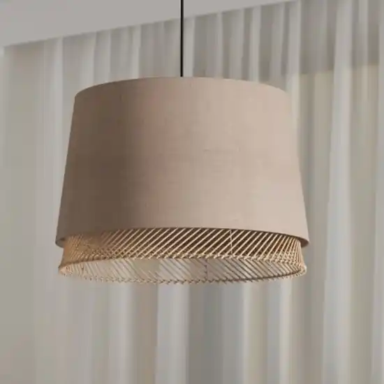 Lampada a sospensione paralume in lino inserti in legno eglo tabley Nuova Collezione