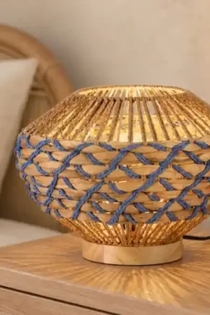 A Buon Prezzo Lampada da comodino in rattan giacinto d‘acqua naturale corda blu per camera da letto