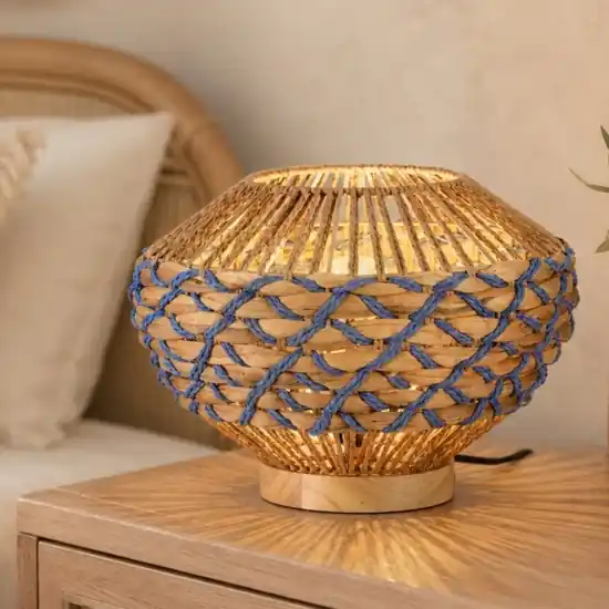 A Buon Prezzo Lampada da comodino in rattan giacinto d‘acqua naturale corda blu per camera da letto