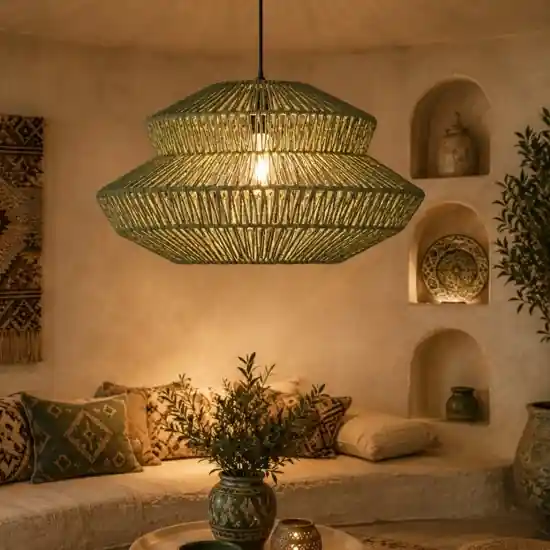 Spedito Oggi Lampadario a sospensione di rattan verde 50 cm