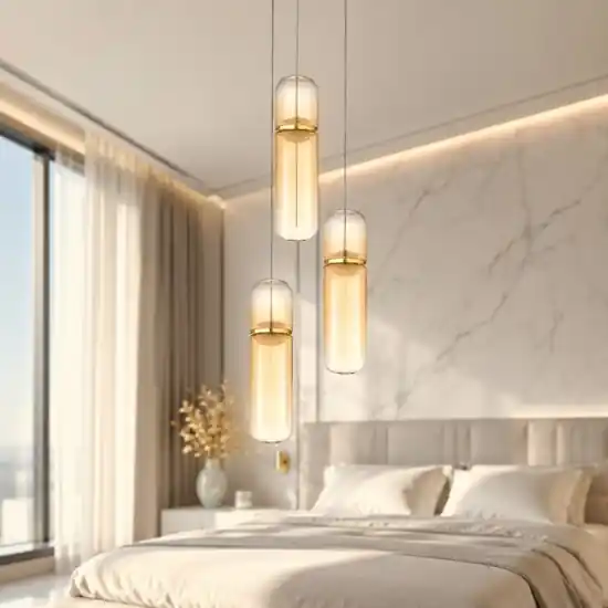 Promo Stagionale Lampadario oro con capsule pendenti in vetro ambra per camera da letto moderna