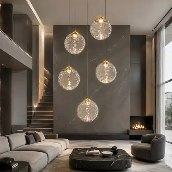 Lampadario oro sfere di vetro ondulato trasparente led 3000k dimmerabile per soggiorno Novità