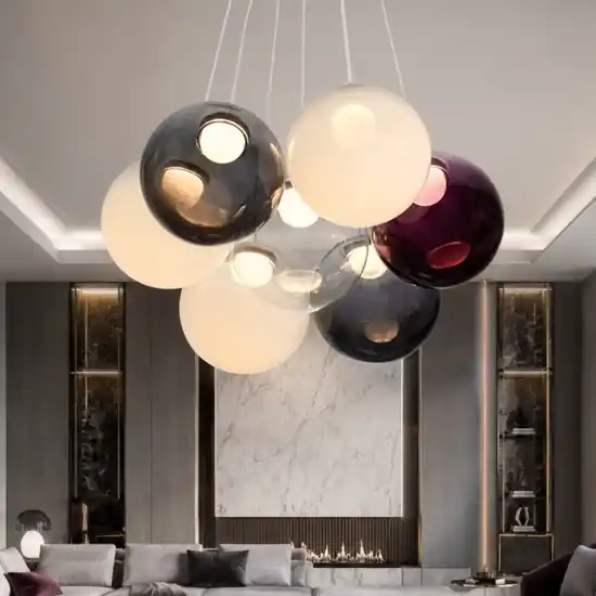 Novità Lampadario sfere bocce di vetro opale viola fume per tavolo soggiorno moderno