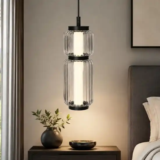 Lampada a sospensione led nera tubolare in vetro trasparente rigato Vendita Finale