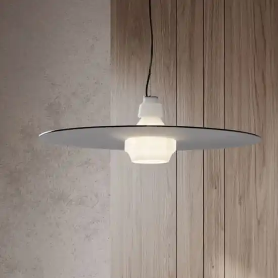 Promozione Esclusiva Lampadario piatto design moderno 60 cm in vetro bianco fume per cucina