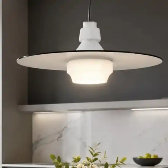 Prezzo Ridotto Lampadario piatto 45 cm a sospensione in vetro bianco fume design moderno per cucina