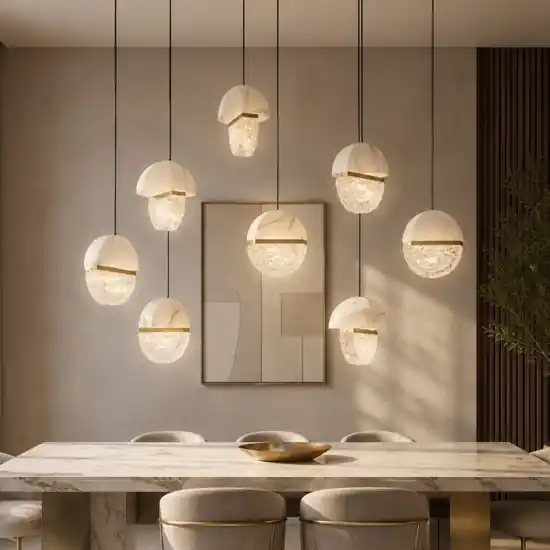 Lampadario elegante in marmo bianco e vetro 8 pendenti per tavolo soggiorno Pagamento Sicuro