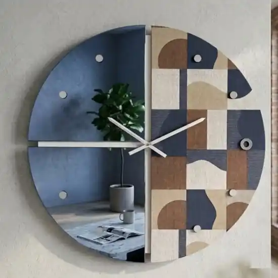 Scelto Dai Clienti Orologio tondo a parete carta da parati geos blu e specchio per soggiorno 80cm