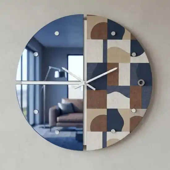 Grande orologio rotondo a parete carta da parati e specchio blu moderno 100cm Compra Oggi Stesso
