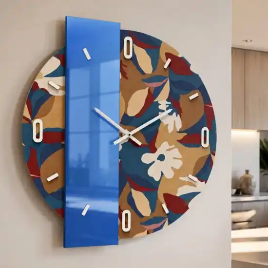 Orologio rotondo a parete moderno specchio blu e carta da parati 80cm Promo Stagionale
