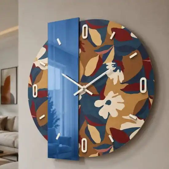 Di Tendenza Orologio da parete design rotondo moderno carta da parati e specchio blu 60cm