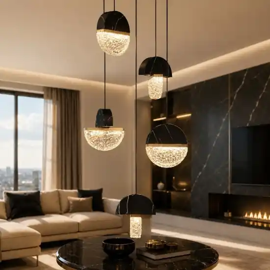 Offerta Lampadario a sospensione 5 pendenti in marmo nero e vetro per soggiorno moderno