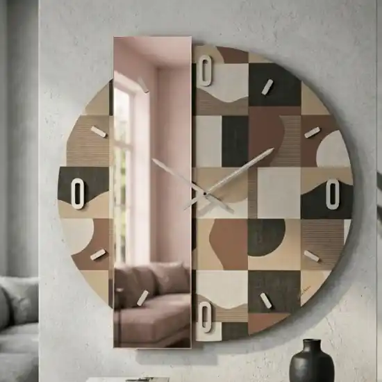 Esclusivo Grande orologio a parete carta da parati geos marrone e specchio rosa 100cm