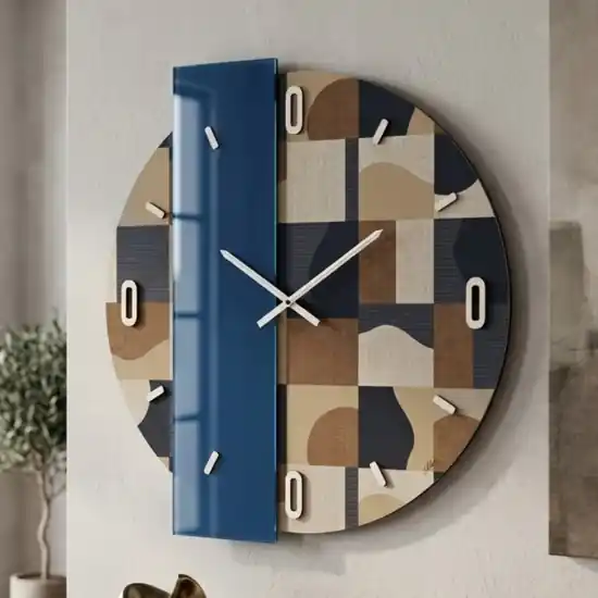 Grande orologio rotondo a parete carta da parati e specchio blu moderno 80cm Sconto