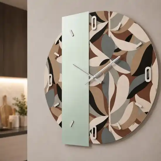 Solo Oggi Grande orologio rotondo da parete specchio verde e carta da parati ficus beige per cucina 100cm