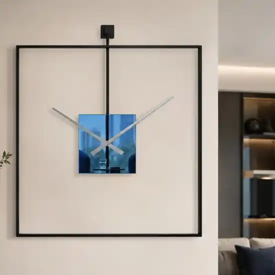 Novità Orologio quadrato da parete moderno nero quadrante effetto specchio blu 60x60 cm
