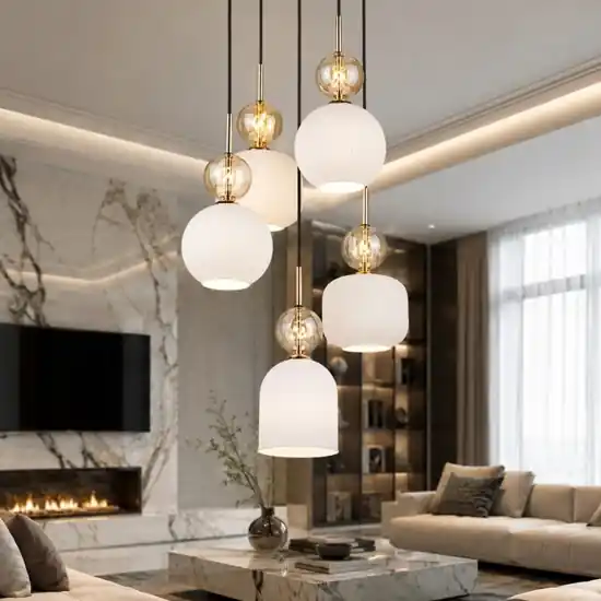 Subito Disponibile lampadario per soggiorno contemporaneo 5 vetri ambra bianco pendenti