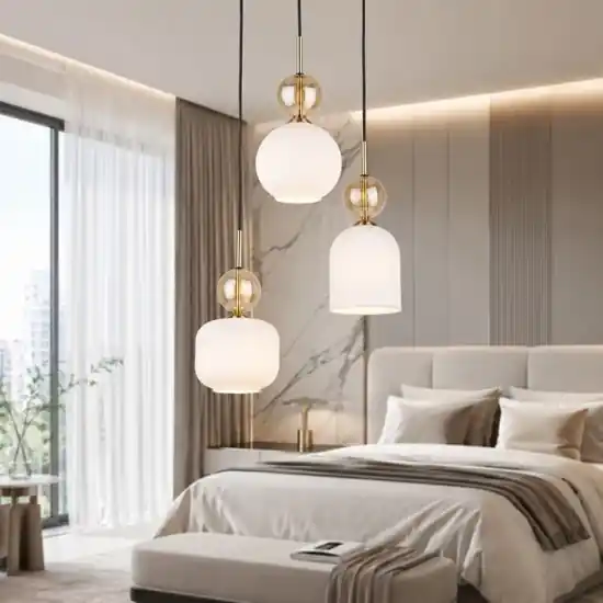 lampadario per camera da letto stile contemporaneo 3 vetri pendenti bianco ambra Acquista Ora