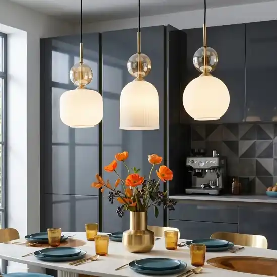 lampadario oro barra 3 vetri pendenti ambra bianco per tavolo cucina Offerta Speciale