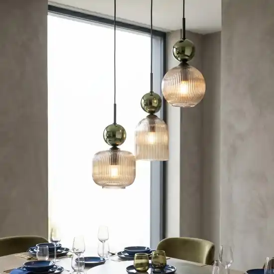 A Buon Prezzo lampadario 3 sfere di vetro verde ambra a sospensione