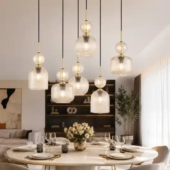 lampadario contemporaneo 6 vetri ambra pendenti per sala da pranzo Consegna Rapida