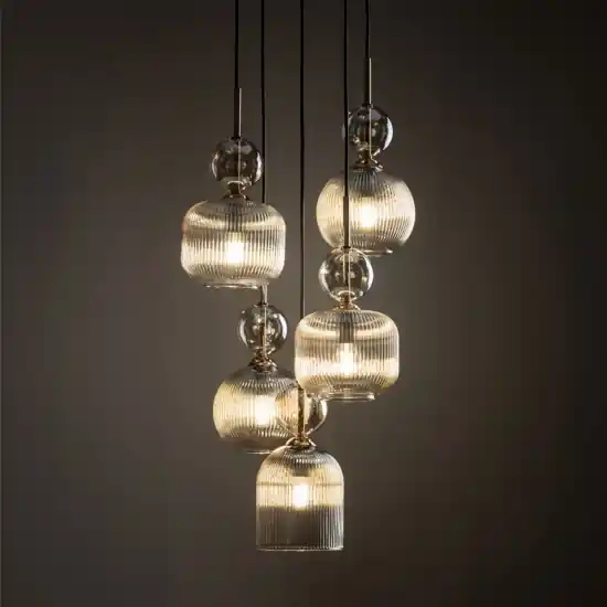 lampadario per soggiorno con 5 vetri ambra a grappolo pendenti Di Tendenza