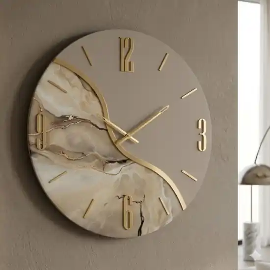 Offerta Limitata Orologio rotondo da parete moderno effetto marmo beige dettagli oro 70cm