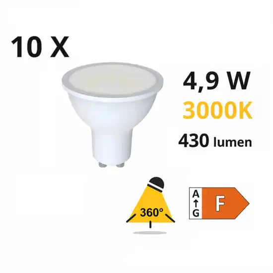 Confezione 10 lampadine gu10 led 4,9w 3000k ottica 360 430 lumen Nuova Collezione