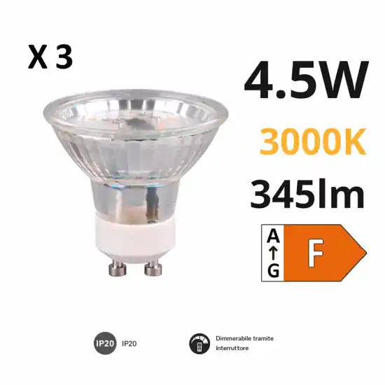 Confezione 3 lampadine gu10 led 4,5w 3000k 345 lumen dimmerabile Offerta Limitata