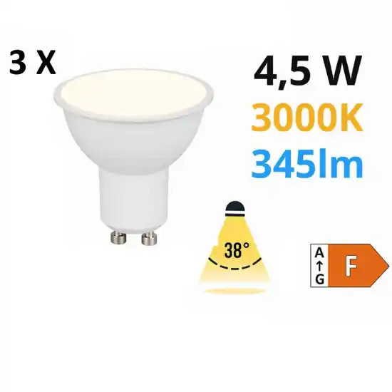 Confezione da 3 lampadine gu10 led 4,5w 3000k 345 lumen ottica 38 Miglior Prezzo