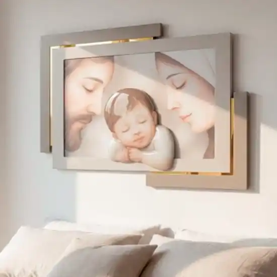 Di Tendenza Capezzale capoletto 42x53 cm sacra famiglia tortora oro decoro resina
