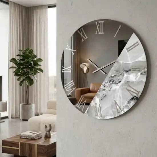 Prezzo Ridotto Orologio da parete 80 cm tondo specchio fume effetto marmo grigio chiaro
