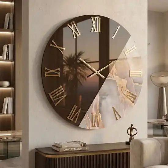 Offerta Orologio da parete 80 cm specchio bronzo resina effetto marmo cipria
