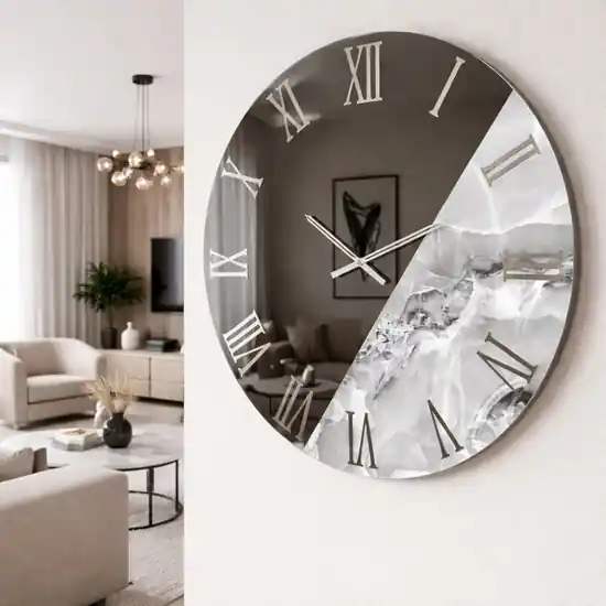 Popolare Orologio da parete 60 cm specchio fume resina effetto marmo grigio chiaro