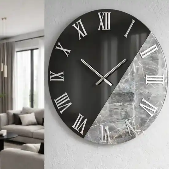 Occasione Imperdibile Orologio da parete 60 cm specchio fume effetto marmo grigio scuro rotondo