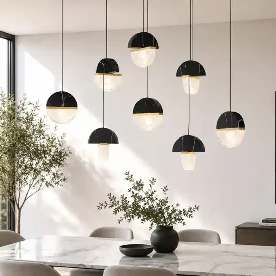 Lampadario moderno 8 pendenti in marmo nero e vetro elegante per tavolo sala da pranzo Novità