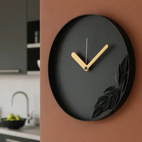 A Buon Prezzo Orologio nero da parete design rotondo con foglie