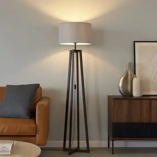 Lampada da terra moderna di legno scuro con paralume grigio Scelto Dai Clienti