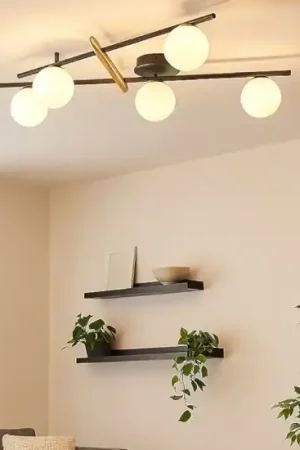 Plafoniera miloox kika nera e oro design moderno 5 sfere vetro bianco Miglior Prezzo