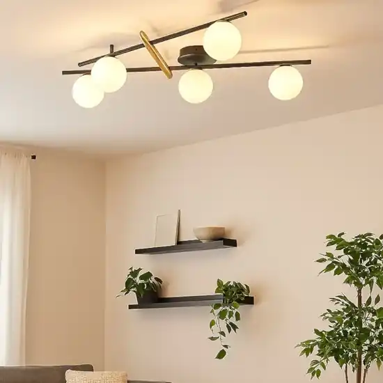 Plafoniera miloox kika nera e oro design moderno 5 sfere vetro bianco Miglior Prezzo