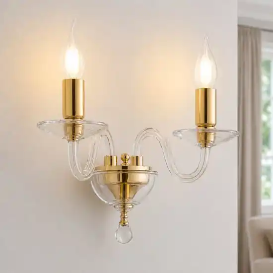 A Buon Prezzo Applique da parete a 2 bracci in vetro trasparente e finiture oro