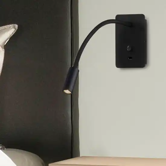 Applique camera da letto multifunzione led 3w 3000k usb nero luce orientabile Novità