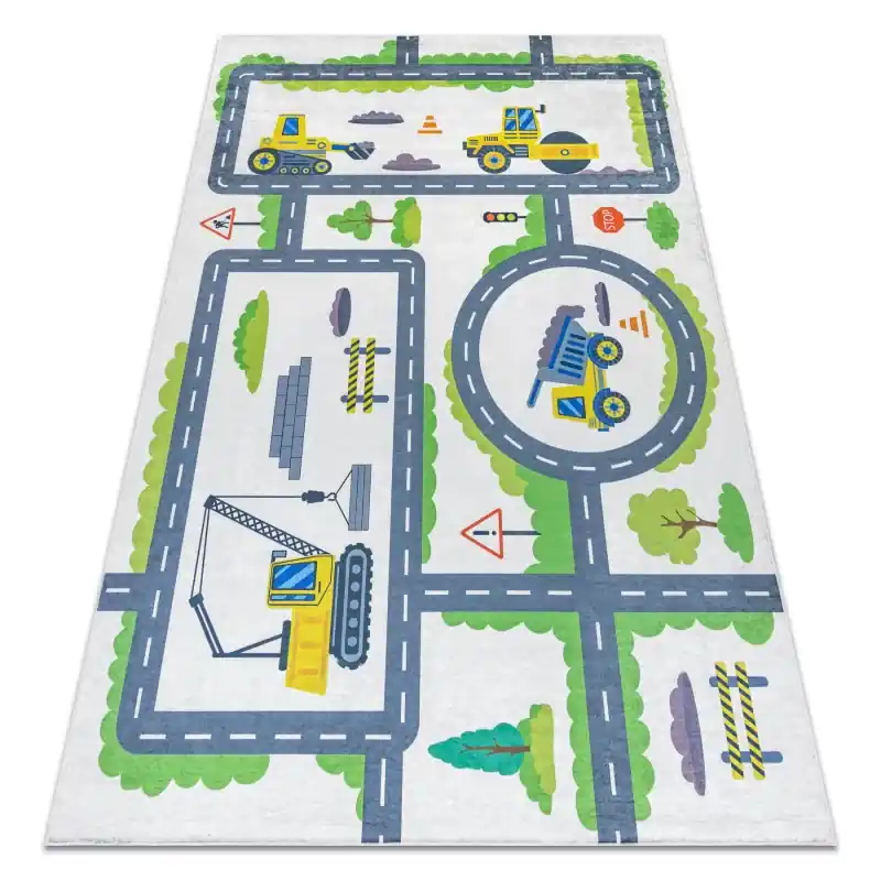 Spedito Oggi Tappeto lavabile BAMBINO Escavatore, strade per bambini antiscivolo - bianca / verde