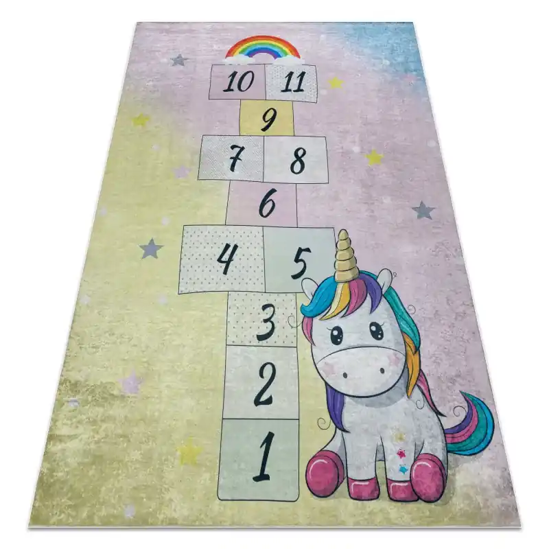 Tappeto lavabile BAMBINO Unicorno, numeri per bambini antiscivolo - rosa / giallo Prezzo Di Fabbrica