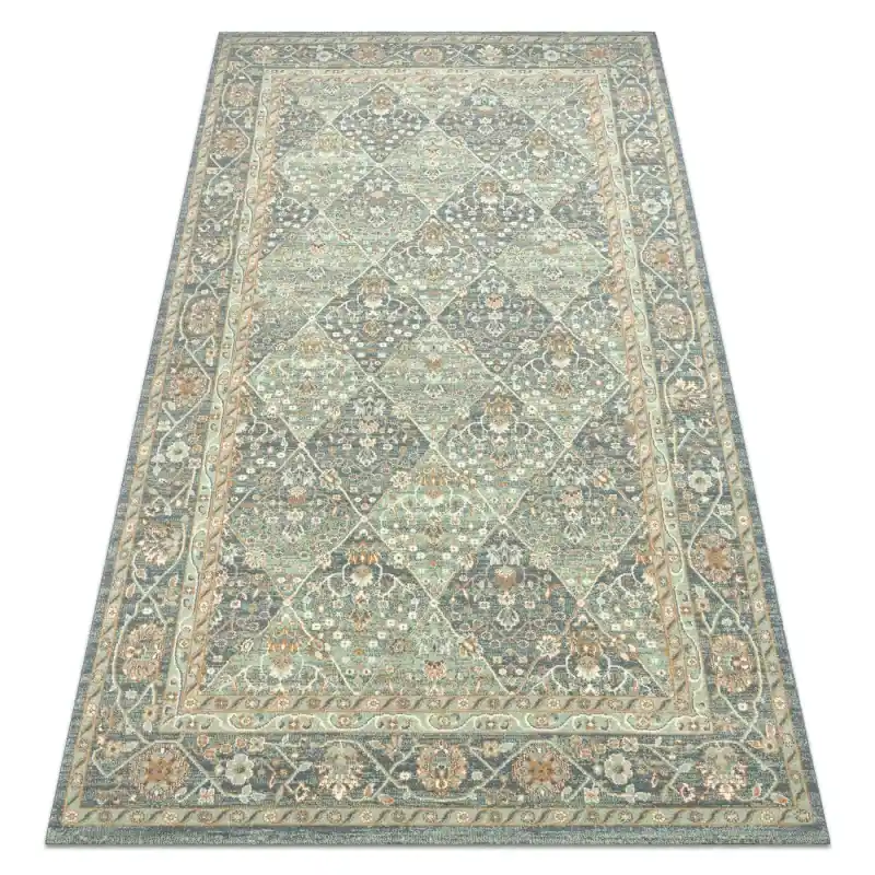 Tappeto SOHO 477.27.LA500 lana OSTA - Rombi, cornice geometrico verde naturale / blu Reso Gratuito