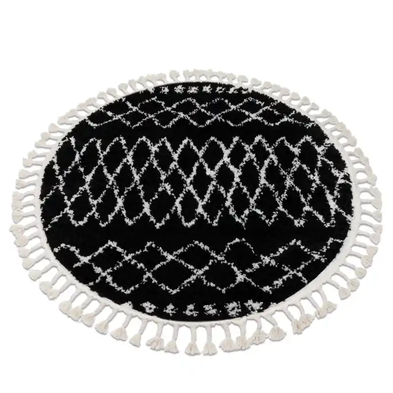 Tappeto BERBER ETHNIC cerchio nero / bianco Frange berbero marocchino shaggy Ultimissimo Modello