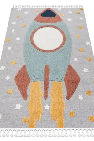 Vendita Finale Tappeto YOYO GD55 grigio / blu - Stelle, razzo per bambini, strutturali, sensoriali Frange